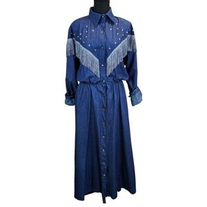 Vintage 80s Cowgirl Western Denim Fringe Midi Dress Large Button Up Long Sleeve